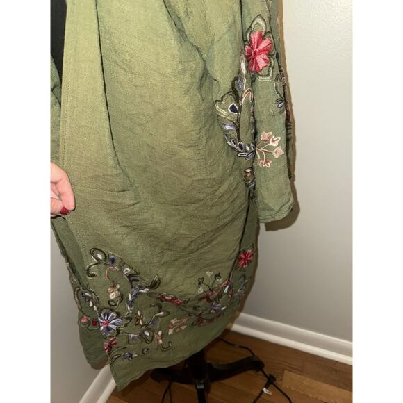 Three Bird Nest Embroidered Kimono Duster Womens O/S Green Boho Festival Resort - Picture 3 of 4